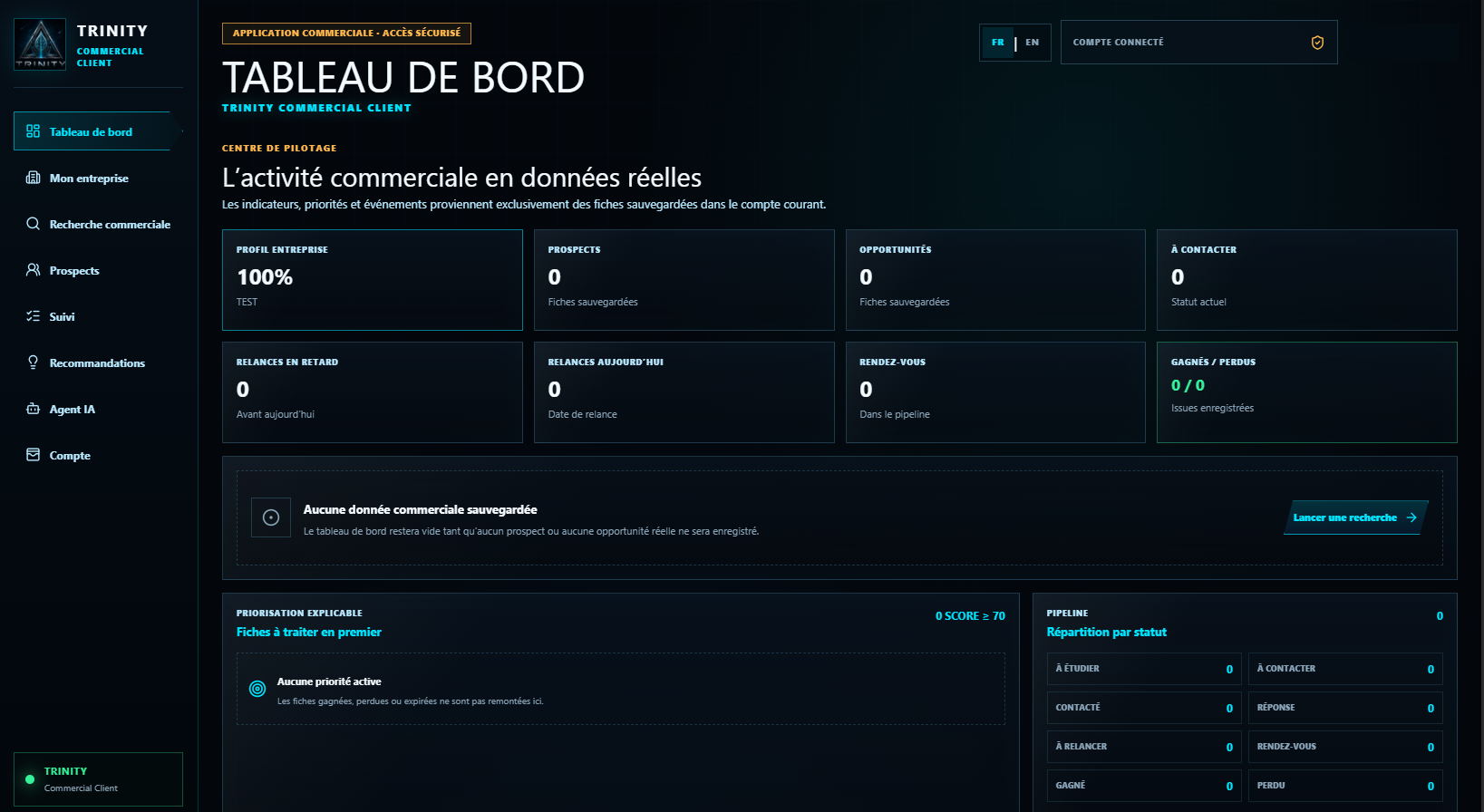 Interface réelle de TRINITY COMMERCIAL CLIENT