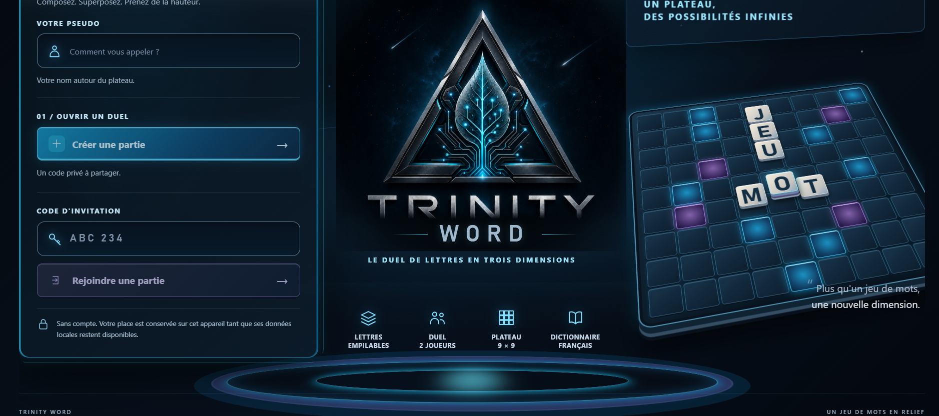 Aperçu TRINITY WORD : logo du jeu et plateau de lettres